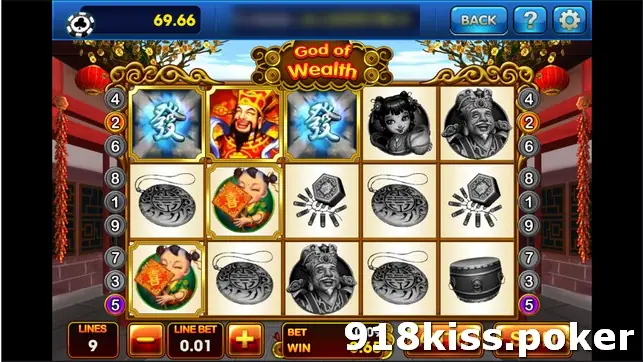 God of Wealth reels on 3Win8 at 9 lines and LINE BET 0.01 with three fa tiles and the God of Wealth lit on the top row and the rest greyed out