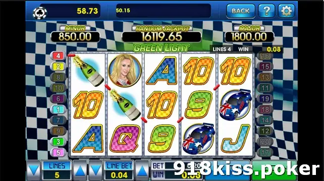 Green Light slot on 3Win8 with MINOR 850.00, RANDOM JACKPOT 16119.65 and MAJOR 1800.00 over reels of champagne, race cars and card symbols