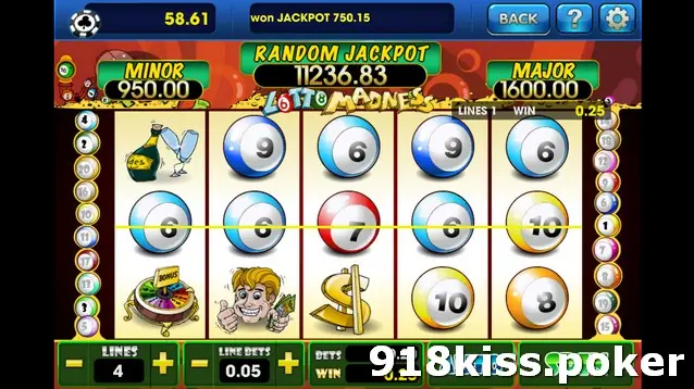 Lotto Madness on 3Win8 with a line of 6, 6, 7, 6, 10 balls across the middle row, RANDOM JACKPOT 11236.83, MINOR 950.00 and MAJOR 1600.00