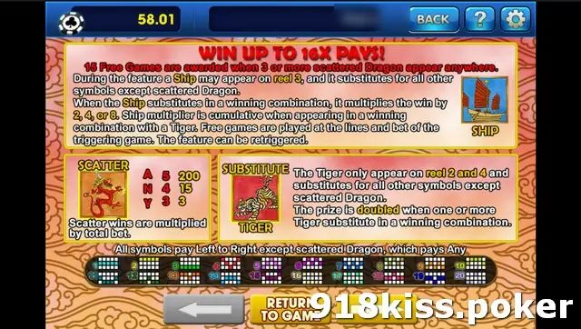 Orient Express help page on 3Win8 headed WIN UP TO 16X PAYS, explaining the ship, dragon scatter and tiger substitute