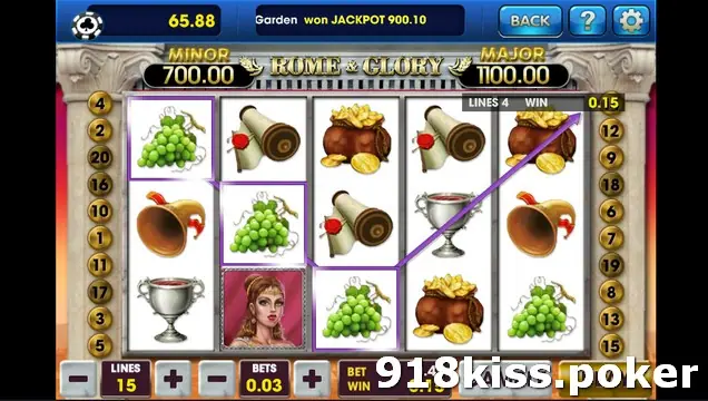 Rome & Glory on 3Win8 with a purple line through three bunches of grapes, MINOR 700.00 and MAJOR 1100.00 over reels of scrolls, coins, horns and goblets