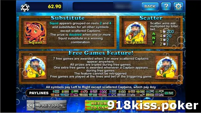 Sea Captain help page on 3Win8 explaining the squid substitute, the captain scatter and the 7-game free games feature