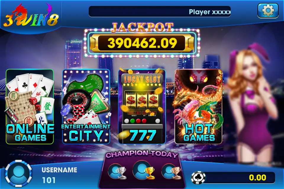 3Win8 lobby with a JACKPOT sign reading 390462.09 above four tiles labelled Online Games, Entertainment City, 777 and Hot Games, a Champion Today bar, username 101 and a 0.00 balance