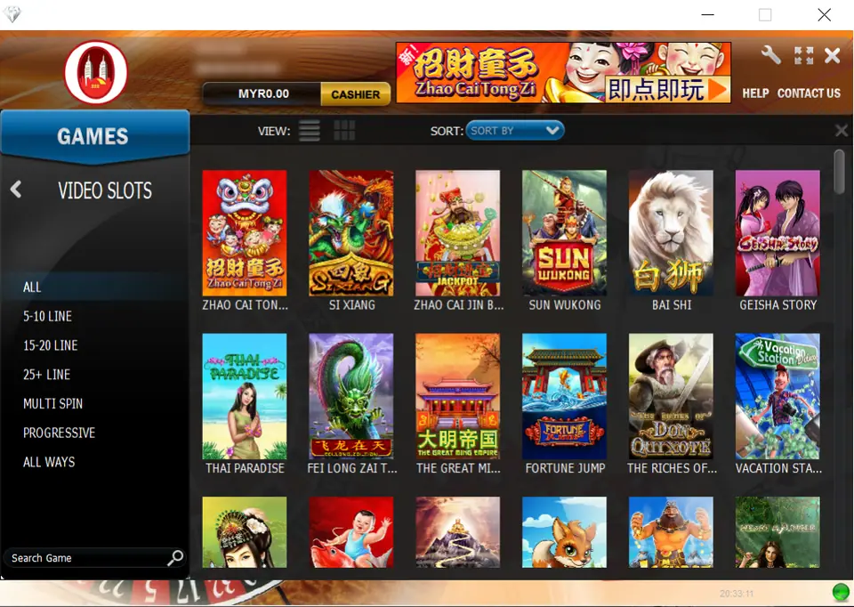 NTC33 Windows client on the Video Slots page with a MYR0.00 balance and Cashier button, line-count filters on the left and tiles for Zhao Cai Tong Zi, Si Xiang, Sun Wukong, Bai Shi, Geisha Story, Thai Paradise and more