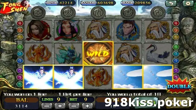 Feng Shen reels after a win, with a bronze WILD tile in the middle, light-beam warrior symbols on the bottom row and a red DOUBLE button