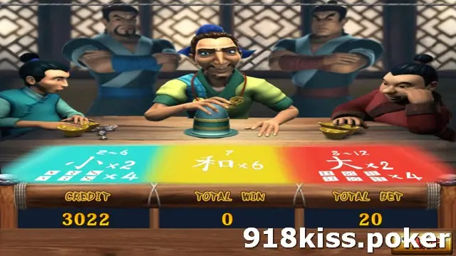 Water Margin dice bonus table with a host holding a covered dice bowl and a coloured betting strip for small, tie and big