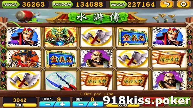 Water Margin slot on 918Kiss with the Chinese title banner, portraits of outlaw heroes, axes, a spear and Ti Tian Xing Dao banners on five reels