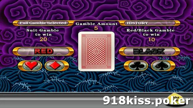 Five Dragon gamble screen with a face-down card, RED and BLACK buttons, four suit buttons and a gamble amount of 5