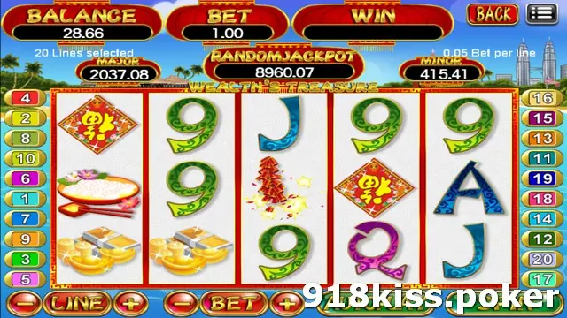 Wealth's Treasure reels with 福 diamonds, a rice bowl with chopsticks, gold ingots, a burst of firecrackers and card symbols at a bet of 1.00