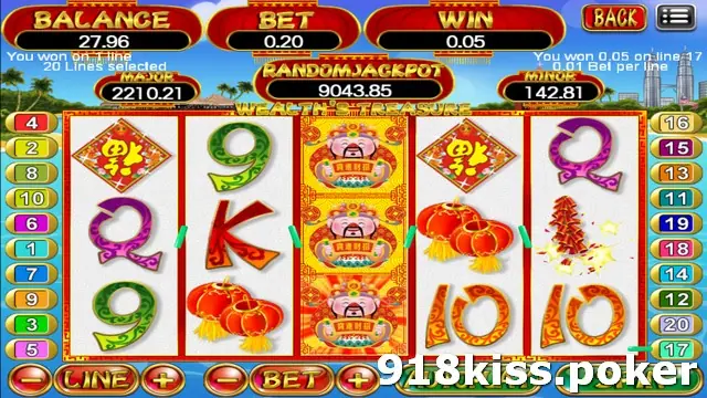 Wealth's Treasure slot on 918Kiss with the God of Wealth stacked down the middle reel, red lanterns, firecrackers and 20 numbered lines