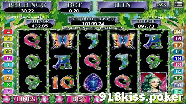 Enchanted Garden reels with two blue-and-orange butterflies, a purple gem and a fairy portrait in the bottom-right corner