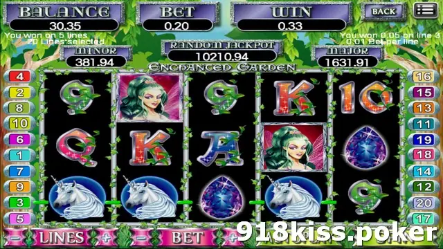 Enchanted Garden slot on 918Kiss with three unicorn heads across the bottom row, two green-haired fairy symbols and a purple gem after a 5-line win