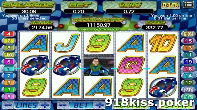 Green Light slot on 918Kiss with a blue race car numbered 49 on reels one and two, a driver with a garland on reel three, and a 3-line win of 0.72