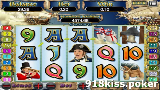 Victory slot on 918Kiss with an admiral in a bicorne hat, a naval ensign flag, a bell marked VICTORY and cannons, with a win of 0.10 on line 10