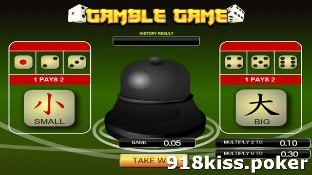 Fortune gamble game with a black dome bell in the centre, SMALL and BIG buttons, dice faces 1 to 3 and 4 to 6, and BANK 0.05