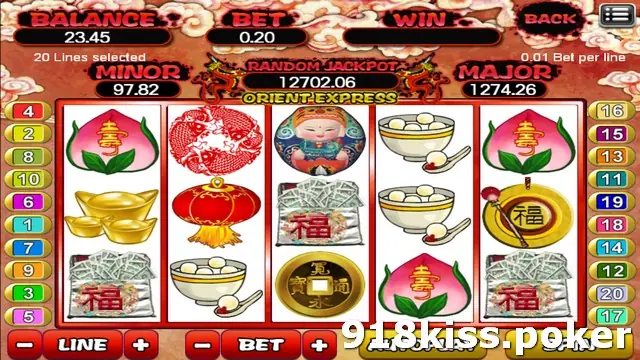 Orient Express slot on 918Kiss with longevity peaches, gold ingots, a red paper-cut fish, a lantern, a bowl of tangyuan and a lucky child figure on five reels