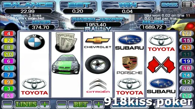 Rally reels with car badges, a stack of banknotes, the green rally car, a tyre and a pair of crossed red flags after a 2-line win