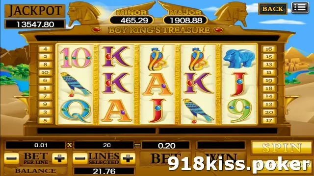 Boy King's Treasure reels with falcons, cobras on reels three and four and a blue sphinx on reel five, with a bet of 0.20