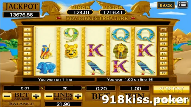 Boy King's Treasure slot on 918Kiss with a golden pharaoh mask, a cobra, a lioness head, a blue sphinx and a falcon on reels framed by sphinx statues