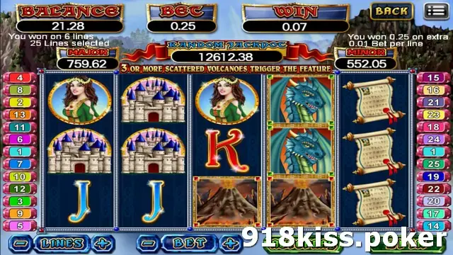 Mystic Dragon slot on 918Kiss with a blue dragon stacked on reel four, castles, a lady in green, scrolls, volcanoes and a banner about scattered volcanoes