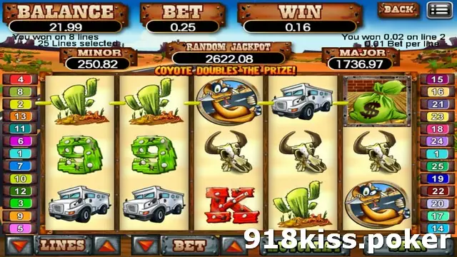 Coyote Cash slot on 918Kiss with cacti, armoured cash trucks, cow skulls, a money bag and a masked bandit character, with the banner COYOTE DOUBLES THE PRIZE