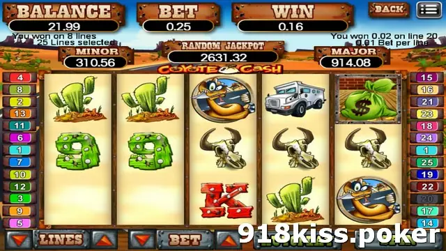 Coyote Cash reels with the game logo banner showing, cacti and trucks on the left, cow skulls in the middle row and a money bag on reel five