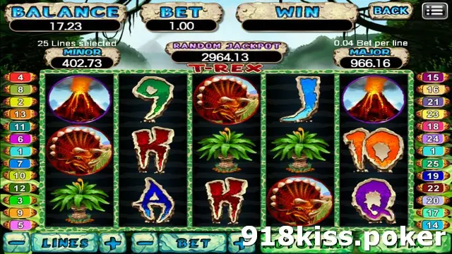 T-Rex reels with erupting volcanoes on reels one and five, the frilled dinosaur, ferns and stone-carved K, A and J symbols