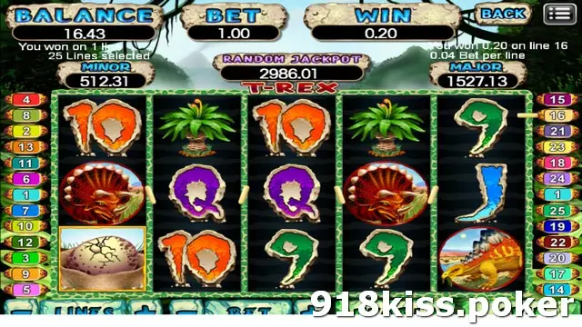 T-Rex slot on 918Kiss with stone-carved 10, Q and 9 symbols, a frilled red dinosaur, ferns, a cracked dinosaur egg and a spiked yellow dinosaur