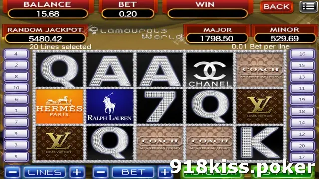 Glamourous World reels with diamond-studded Q, A and 7 symbols and several fashion house logo tiles in black, orange, navy and brown