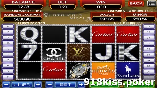 Glamourous World slot on 918Kiss with diamond-studded Q, K, J and 7 symbols, fashion house logo tiles and a gold wristwatch on five reels