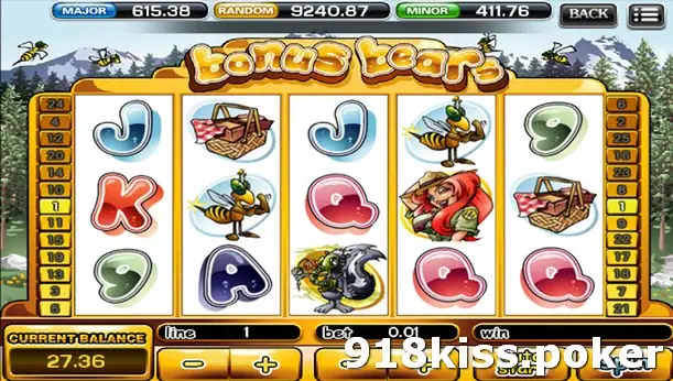 Bonus Bears reels with line set to 1 and bet 0.01, showing beehive, skunk, bees, picnic baskets and a ranger