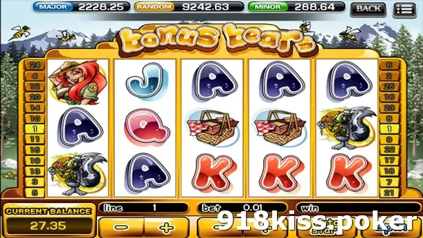 Bonus Bears reels with a row of picnic baskets and skunks across the middle, balance 27.35
