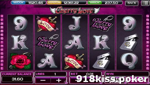 Cherry Love slot on ACE333 with five reels showing a heart pierced by a dagger with a LOVE banner, a red rose, a silver lighter and Cherry Love keyring symbols