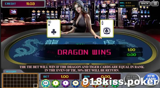 Dragon Tiger result with a 10 of clubs for Dragon and an ace of clubs for Tiger and the message Dragon Wins