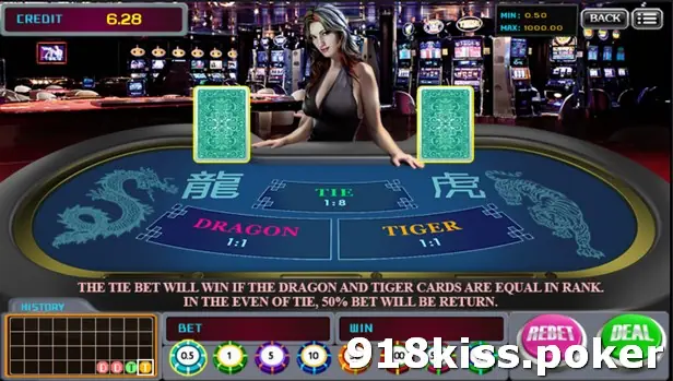 ACE333 Dragon Tiger table with two face-down cards, betting boxes for Dragon 1:1, Tiger 1:1 and Tie 1:8, a dealer behind the table and chip buttons at the bottom