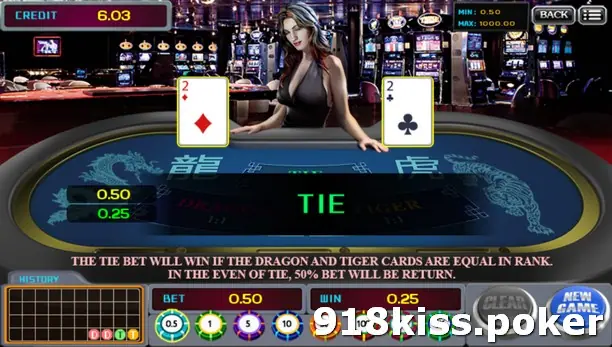 Dragon Tiger table after a tie, both sides showing a 2, with 0.50 bet and 0.25 returned
