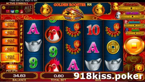 Golden Rooster 88 slot on ACE333 with rooster, silver ingot, firecracker and coin symbols, a Gold Symbols credit ladder on the left and GRAND, MAJOR, MINOR and MINI jackpots on the right