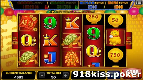 Happy Lantern mid-spin with lanterns showing 250, 50 and 750 and a lucky cat on reel 5