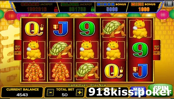 Happy Lantern reels with lucky cats, turtles and firecrackers, total bet 50 and the message Game Over - Play Now
