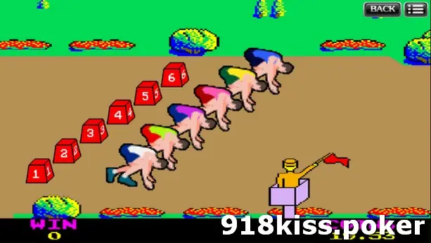 Six pixel-art sprinters crouched at red starting blocks numbered 1 to 6 while an official in a yellow cap raises a red flag