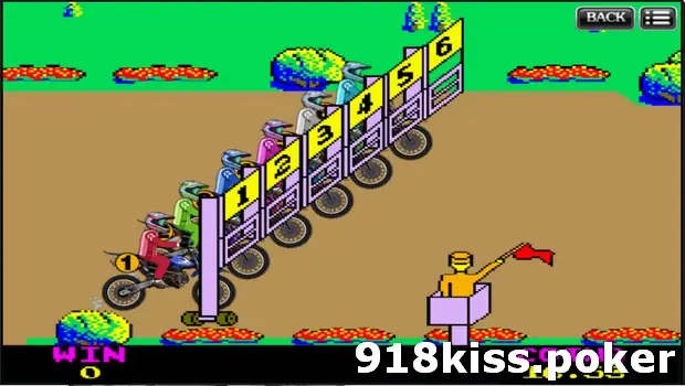 Six pixel-art motocross riders lined up in a numbered starting gate 1 to 6 on a dirt track while an official raises a red flag