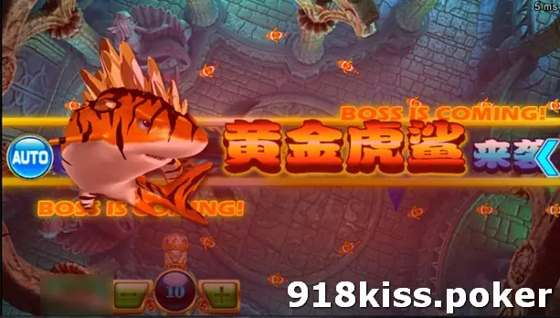 Banner reading Boss is Coming with the Chinese characters for Golden Tiger Shark and an orange striped shark