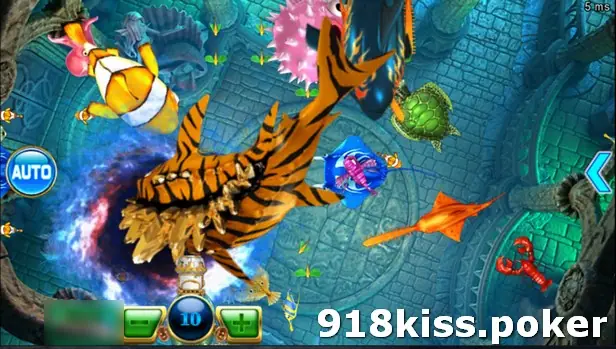 The orange and black striped Golden Tiger Shark emerging from a blue whirlpool among turtles, a pufferfish and a clownfish