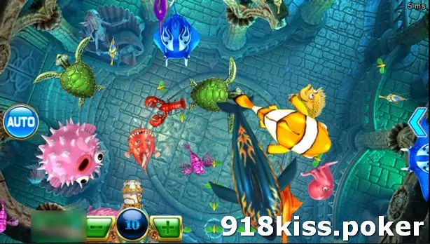 Ocean Monster PLUS fish table on ACE333 with turtles, a pink pufferfish, a clownfish, a lobster and a large fin-tailed fish over stone ruins, a cannon at the bottom set to 10 and an AUTO button