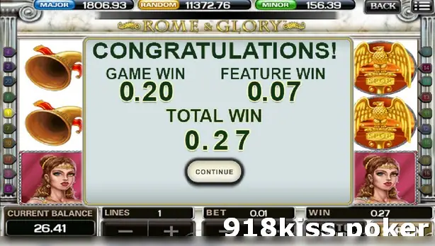 Congratulations screen showing Game Win 0.20, Feature Win 0.07 and Total Win 0.27 with a Continue button