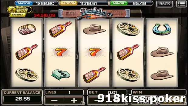 Silver Bullet reels with barrel, whiskey bottles, cowboy hats, wagon wheels, orange 7s, cash and a horseshoe, balance 26.55