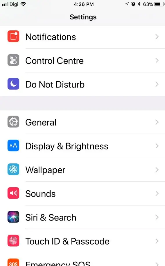 iPhone Settings list showing General among other options