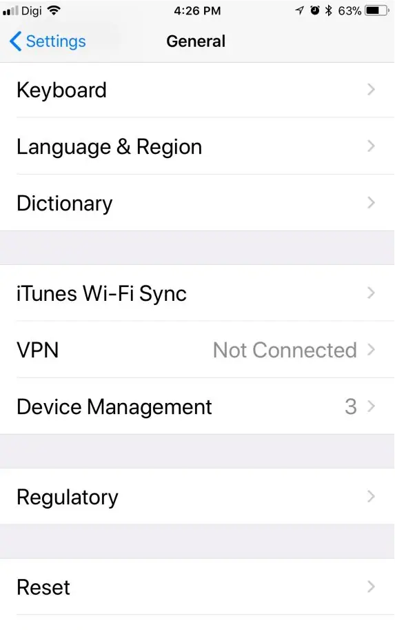 iPhone General settings list with a Device Management row showing the number 3