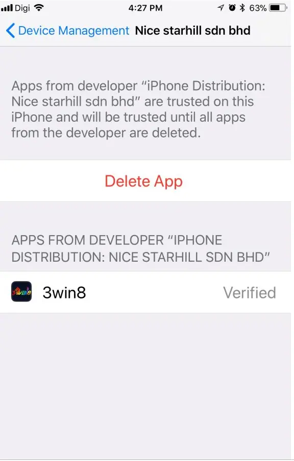 Enterprise developer screen showing the 3win8 app as Verified and a red Delete App button