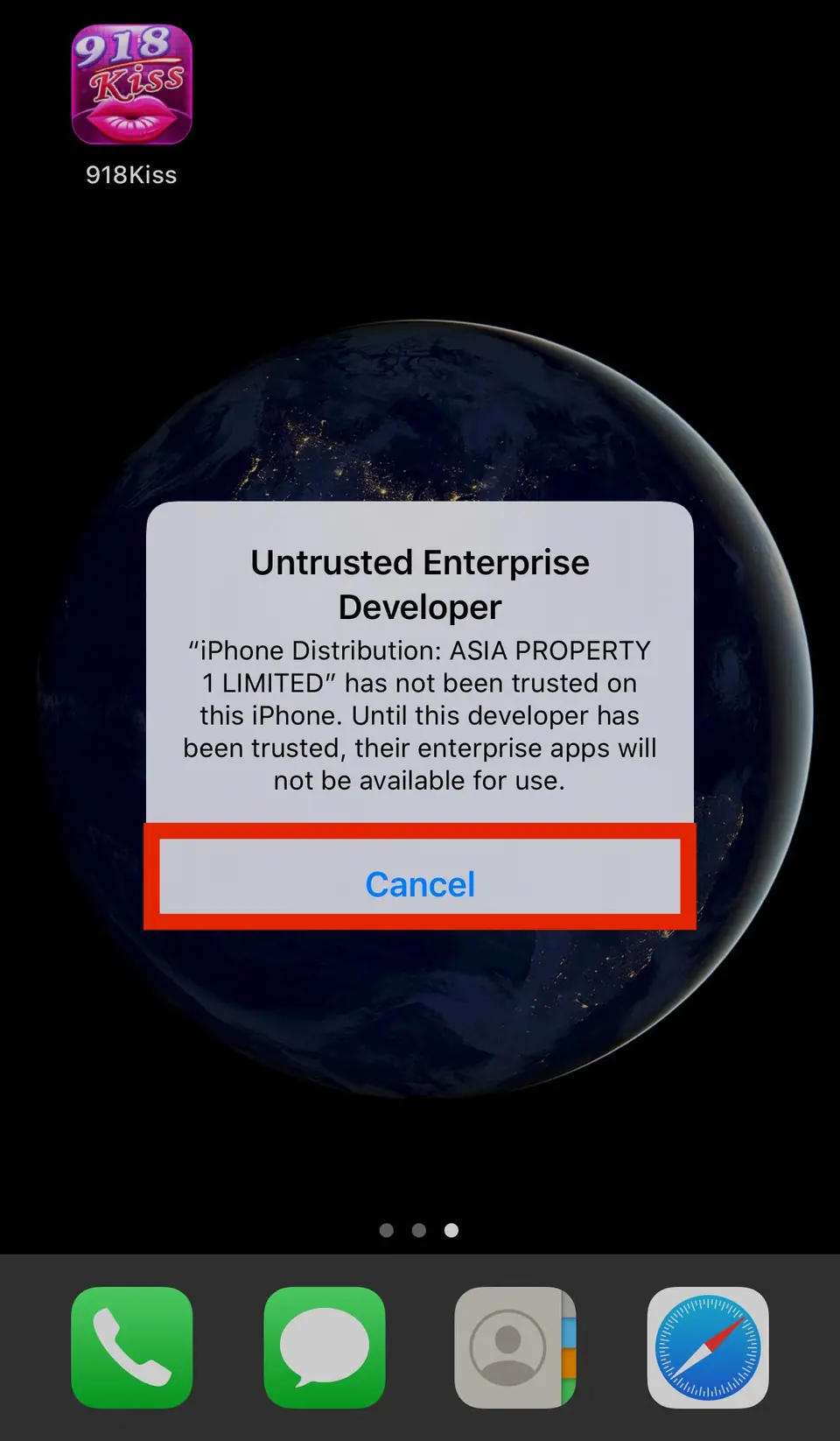 iOS warning titled Untrusted Enterprise Developer saying the named distribution certificate has not been trusted on this iPhone, with a Cancel button